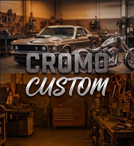 Logo Cromo Custom: Mustang clássico e moto custom cromada em oficina